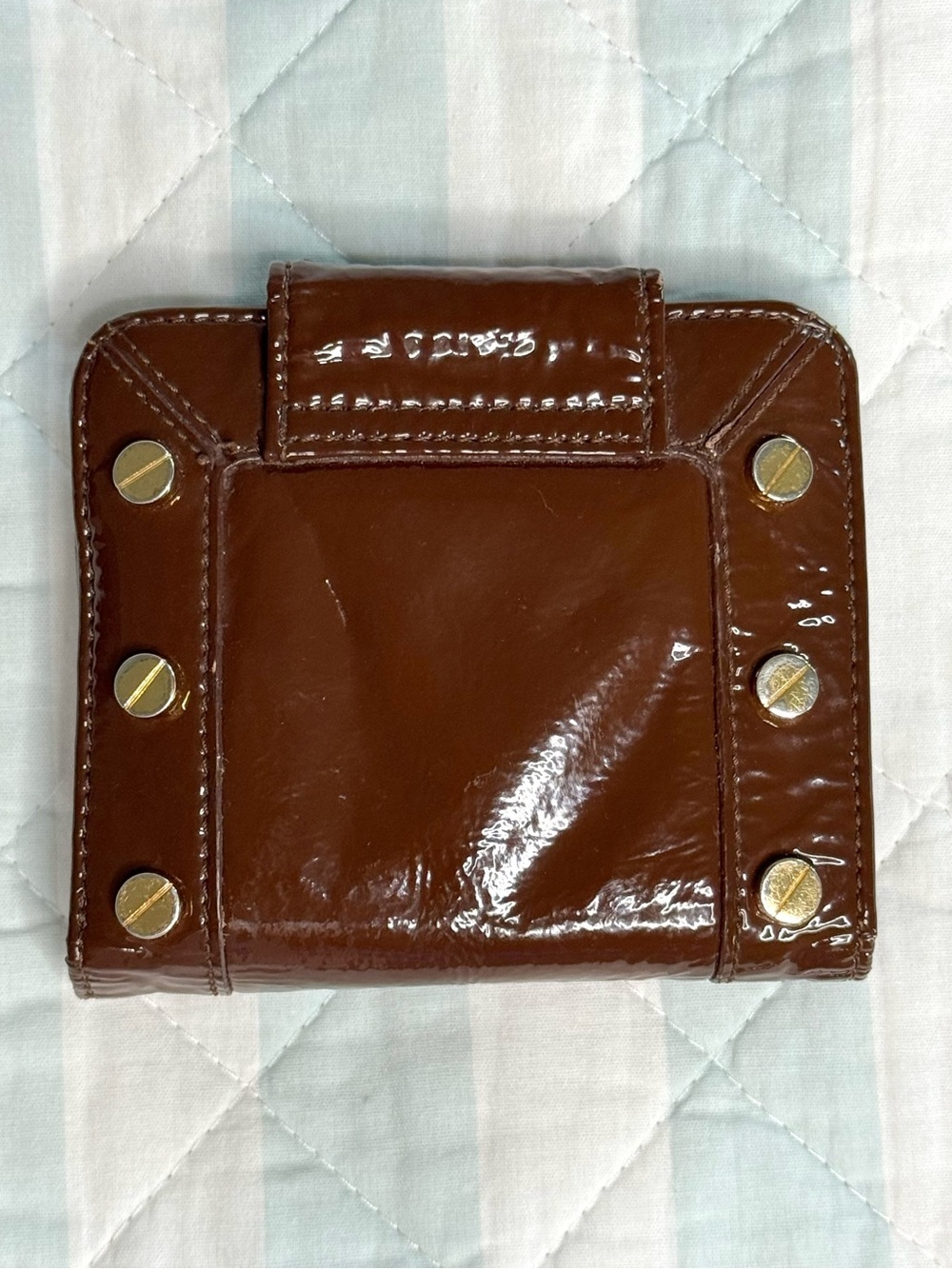 Tory Burch Patent Leather Logo Bifold Wallet Chocolate Brown Gold Hardware - Picture 2 of 11